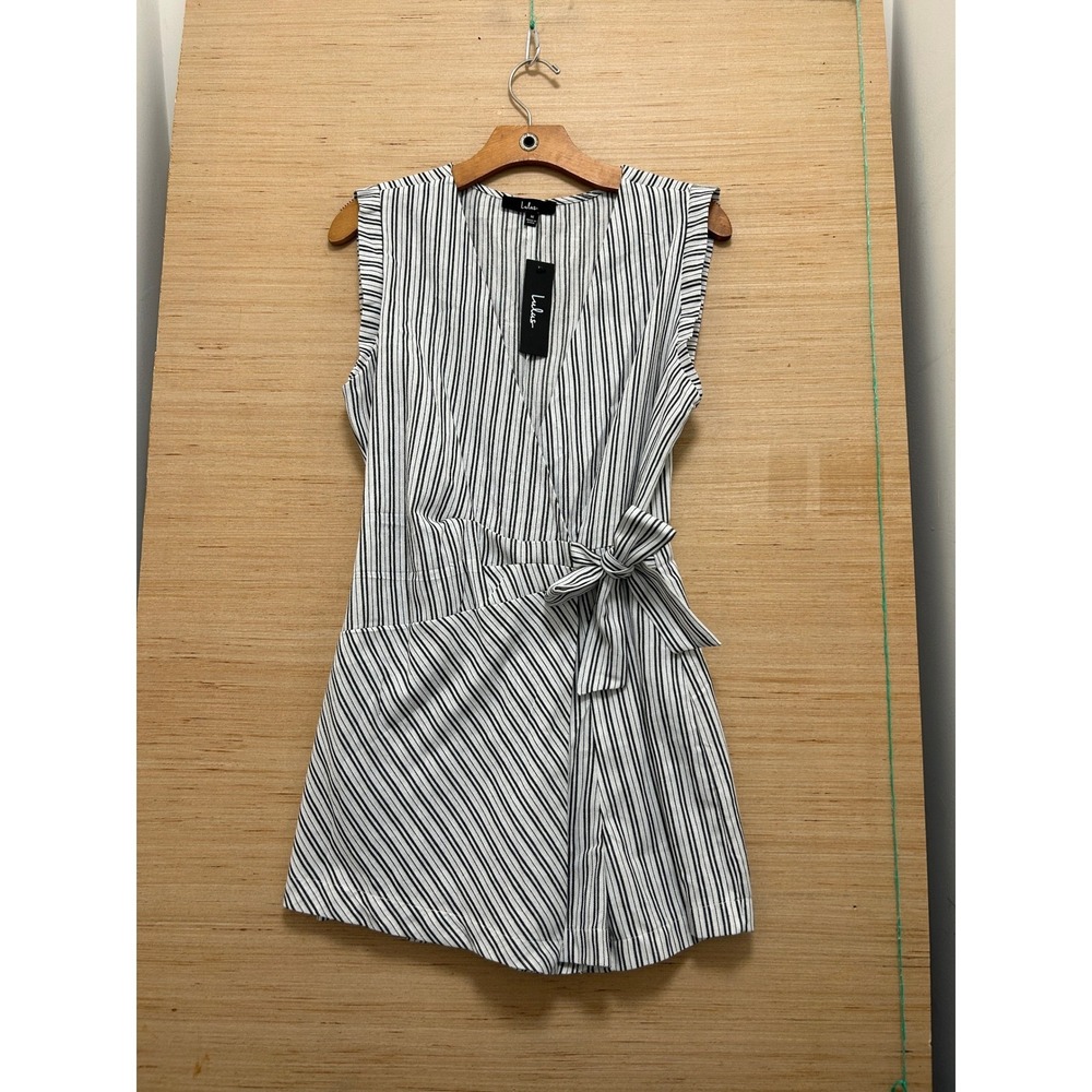 Lulus Black and White Striped Sleeveless Wrap Romper Side Tie Size M